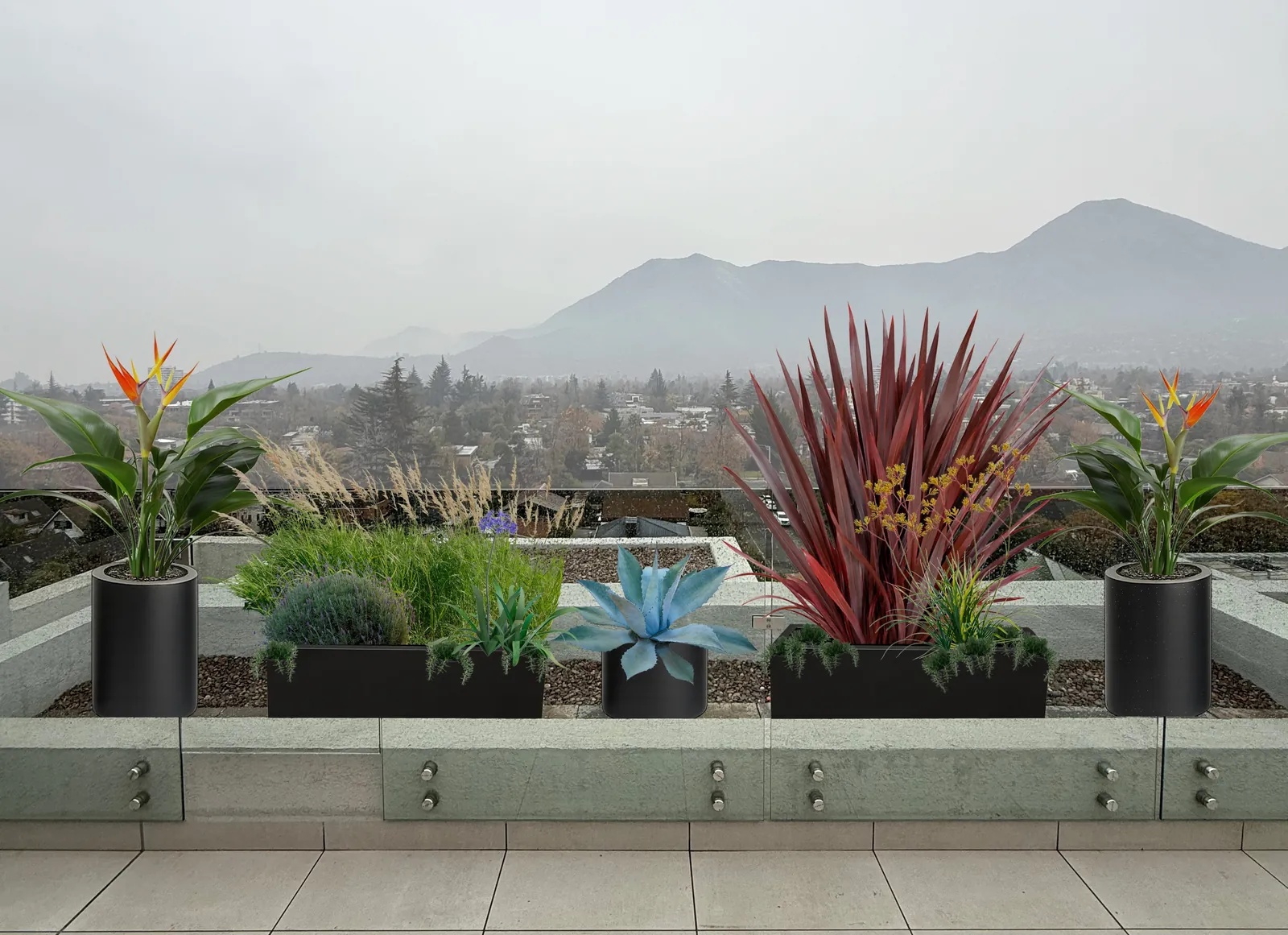 Fotomontaje del proyecto Paisajismo Nazca: azotea con maceteros negros, plantas de follaje rojo y verde y vista a la cordillera.